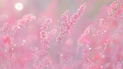  serene field of soft pink flowers, creating a dreamy and tranquil atmosphere 