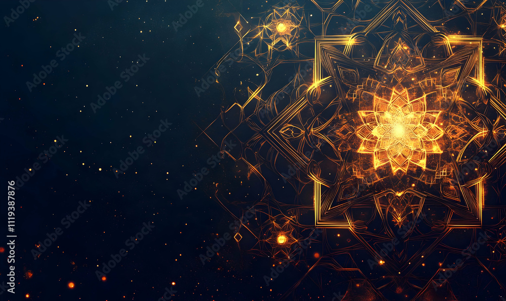 Poster an intricate digital design featuring a glowing star-like pattern and abstract elements.