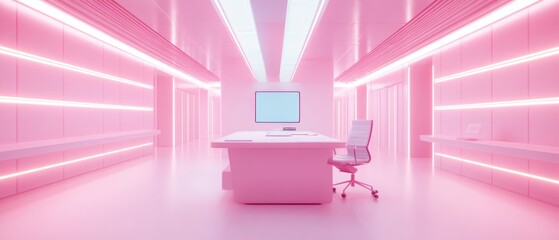  modern office space featuring pink lighting, a desk, and a computer monitor 