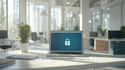 modern office workspace featuring laptop with lock icon on screen, symbolizing cybersecurity. bright environment includes plants and desks, creating productive atmosphere