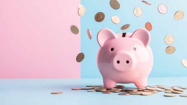 Broken piggy bank with coins scattered around, symbolizing financial struggle and the need for careful budgeting and saving.