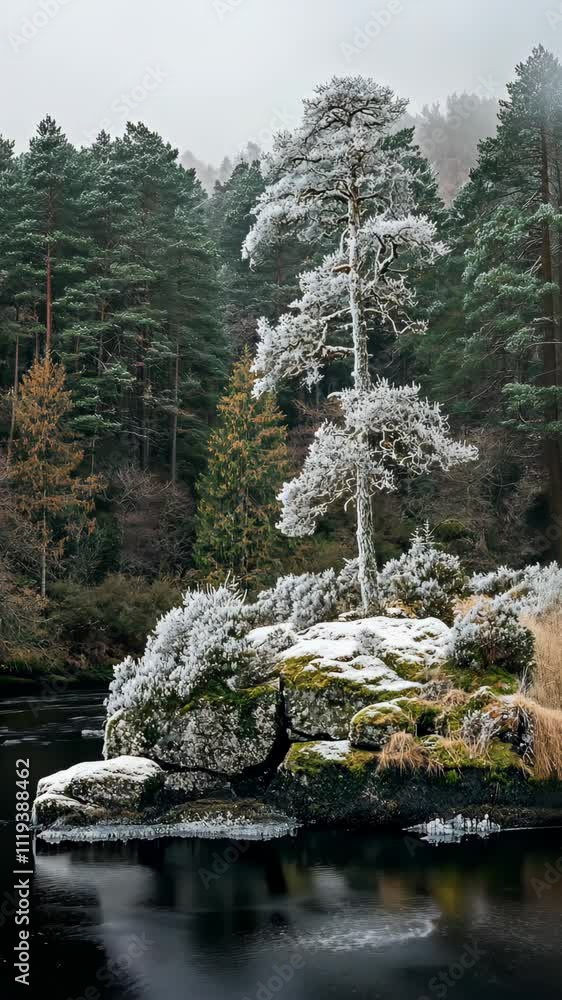 Poster frozen landscape with frosted tree and calm waters in a serene forest setting during winter