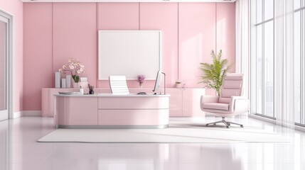 Modern pink office interior with desk, chair, and decorative plants 