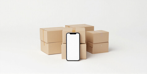 Obraz premium a smartphone mockup placed in the foreground with cardboard boxes stacked neatly behind on a white background