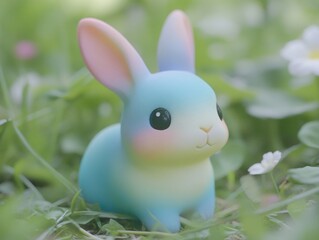  cute, pastel-colored bunny figurine sits among greenery and flowers 