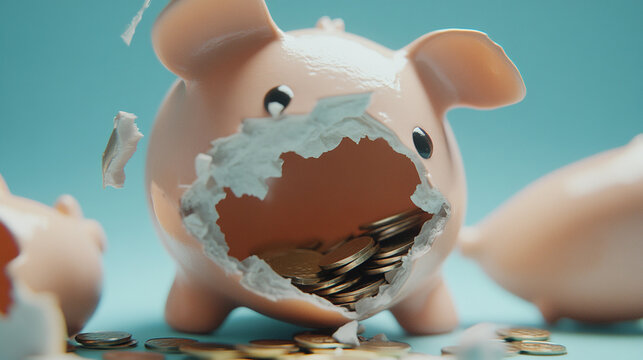 Broken piggy bank with coins scattered around, symbolizing financial struggle and the need for careful budgeting and saving.