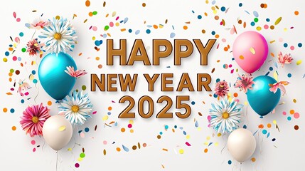 3D text "HAPPY NEW YEAR 2025" with colorful balloons and flowers, confetti on a white background. New Year concept. 2025 illustration. Vector design for a greeting card or banner template. AI