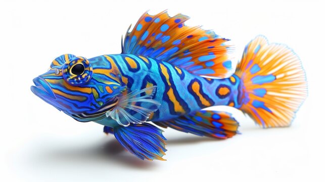 A bright blue and orange mandarin fish, isolated on a plain white background, its vibrant scales and unique fins perfectly captured.