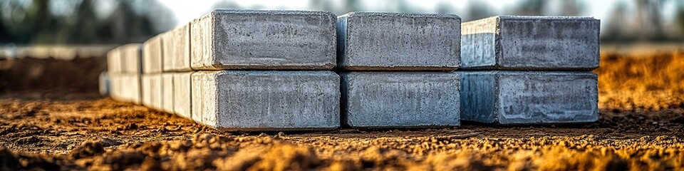Low angle of concrete blocks lined up on soil with blurred background