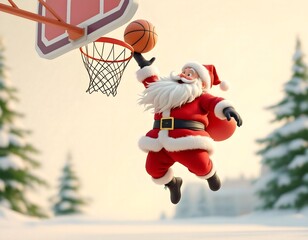 Santa Claus Dunking a Basketball in a Snowy Winter Wonderland Christmas Scene