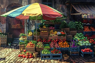 Fototapeta premium A bazaar corner with stacked crates of fresh produce in vibrant colors, arranged neatly under a colorful umbrella.