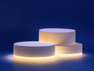 Three illuminated circular pedestals on a blue background, showcasing modern design 