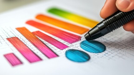 Hand drawing colorful bar and pie charts on paper.