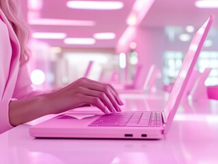  close-up of a hand typing on a pink laptop in a modern, vibrant workspace 