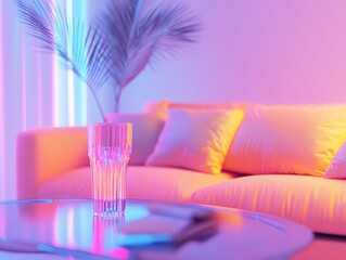  modern living space with vibrant lighting, a plush couch, and a decorative glass 