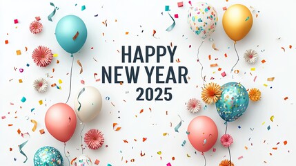 3D illustration of colorful balloons, flowers, and confetti around the inscription "HAPPY NEW YEAR 2025" in bright colors on a white background, with 2025 numbers and space for text. Ai