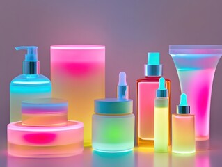  collection of colorful, illuminated cosmetic and skincare products on a gradient background 