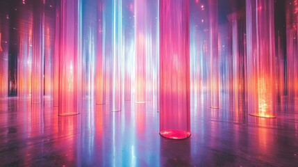 Illuminated translucent pillars reflecting on glossy floor.
