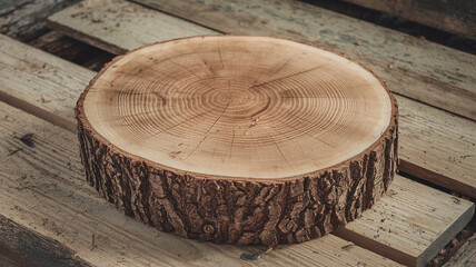 A rustic Sycamore wood slice, showcasing its intricate growth rings and weathered bark, rests on a bed of weathered Sycamore planks, perfect for natural and earthy design projects. 