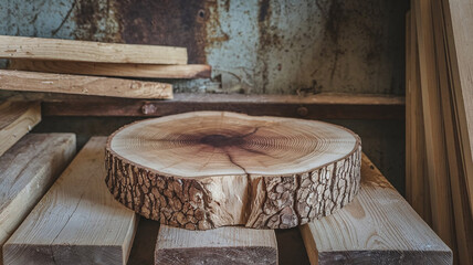 Fototapeta premium A rustic Sycamore wood slice, showcasing its intricate growth rings and weathered bark, rests on a bed of weathered Sycamore planks, perfect for natural and earthy design projects. 