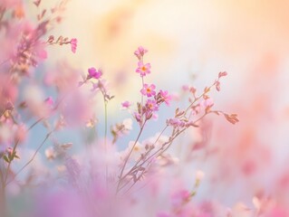  soft-focus image of delicate pink flowers, creating a dreamy, serene atmosphere 