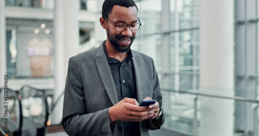 Poster travel, phone and business black man in airport for conference schedule, contact and digital boardin