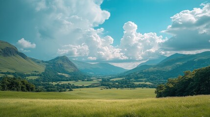 Sunny valley landscape with green fields, mountains, and fluffy clouds.