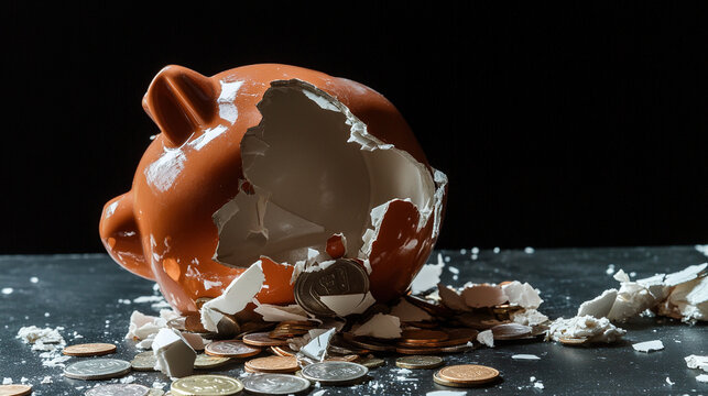 Broken piggy bank with coins scattered around, symbolizing financial struggle and the need for careful budgeting and saving.