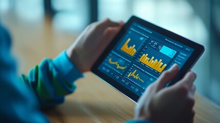 Close-up of hands holding tablet displaying financial graphs and charts.
