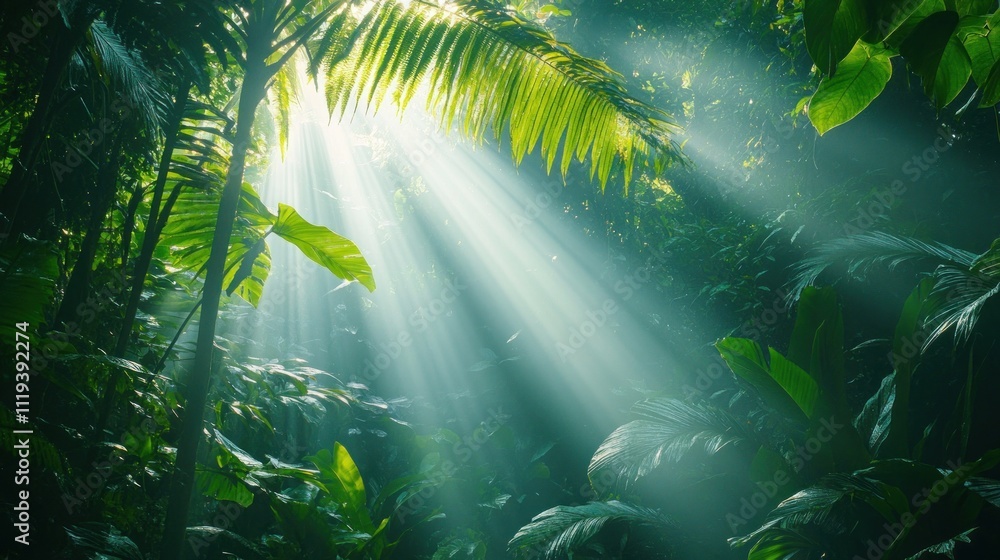 Poster sunlight filters through dense jungle foliage, creating a serene and mystical atmosphere.
