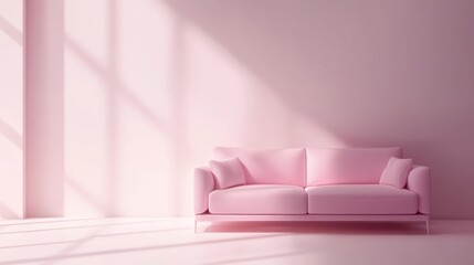  minimalist pink sofa against a soft pink wall, illuminated by gentle sunlight 