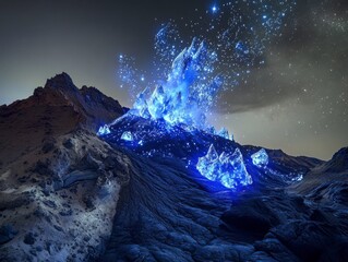 Mystical Blue Volcano Eruption Under a Starry Sky