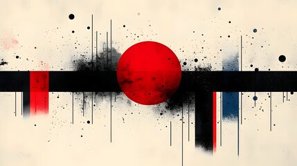 A painting of a red circle with black and white stripes