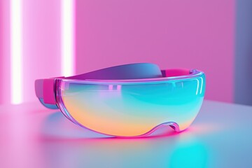 Futuristic eyewear with a vibrant gradient design against a neon backdrop 