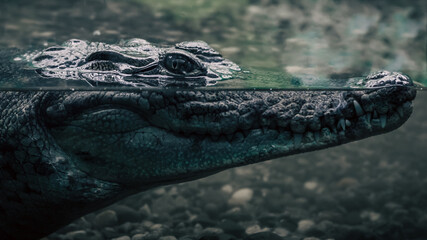 head of a large crocodile alligator in the water close up