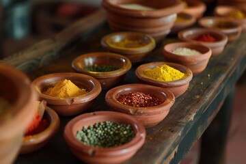 Fototapeta premium A stall filled with aromatic spices in small clay bowls, with vivid colors like red, yellow, and green popping against a dark wooden counter.
