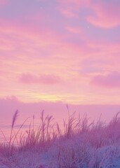  serene landscape at sunset with soft pink and purple hues, highlighting tall grass 