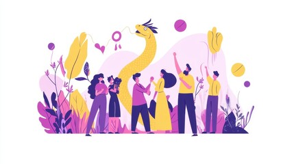 Cute cartoon family celebrating with a dancing dragon and snake, surrounded by lucky symbols.