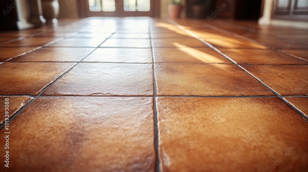 Poster a close-up view of a tiled floor showcasing warm tones and a textured surface.