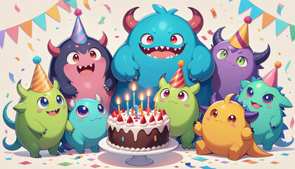 Fototapeta premium A funny Birthday monster with cake and balloon