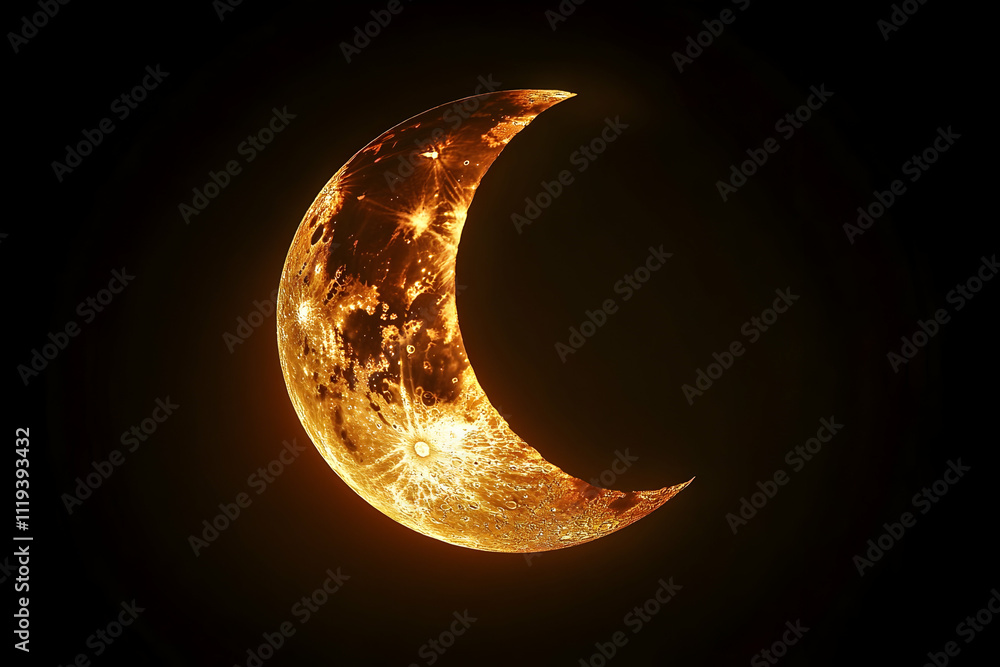 Poster a glowing crescent moon with intricate patterns against a dark background.