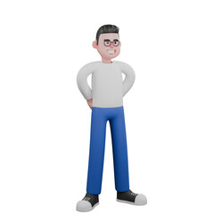 Video Editor in Cartoon Style 3D Model Illustration. A male video editor stands with one hand pointing forward while the other is open at his side. Design Character