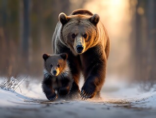 Fototapeta premium A Tender Bond: Mother and Baby Bear in the Wild