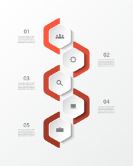 Step by step red infographic template with 5 steps, options, parts or processes.