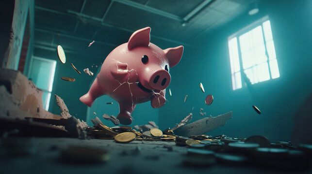 Broken piggy bank with coins scattered around, symbolizing financial struggle and the need for careful budgeting and saving.