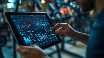 Man analyzing data on tablet, charts, graphs, fitness background.