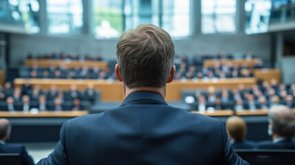 member of parliament addresses large audience in formal setting, showcasing importance of governance and public speaking. atmosphere is serious and focused