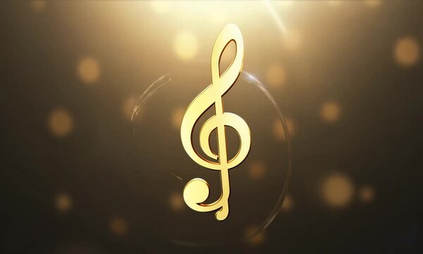 A golden sol key (treble clef) suspended mid-air in a dimly lit room, illuminated by a warm spotlight with a subtle lens flare. The camera moves in a slow, upward spiral, capturing the intricate curve
