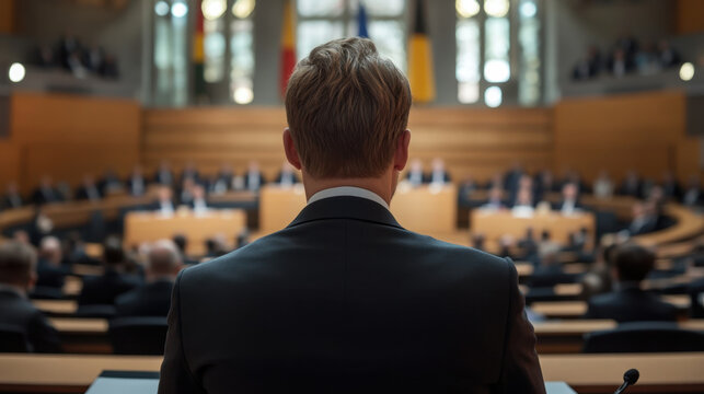 member of parliament sits in formal setting, facing legislative assembly. atmosphere is serious, with officials engaged in discussion