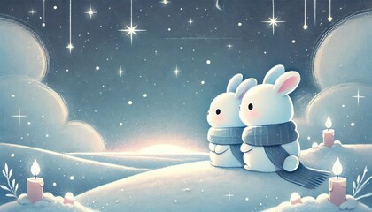 A Cozy Winter Night with Two Rabbits Gazing at the Starry Sky